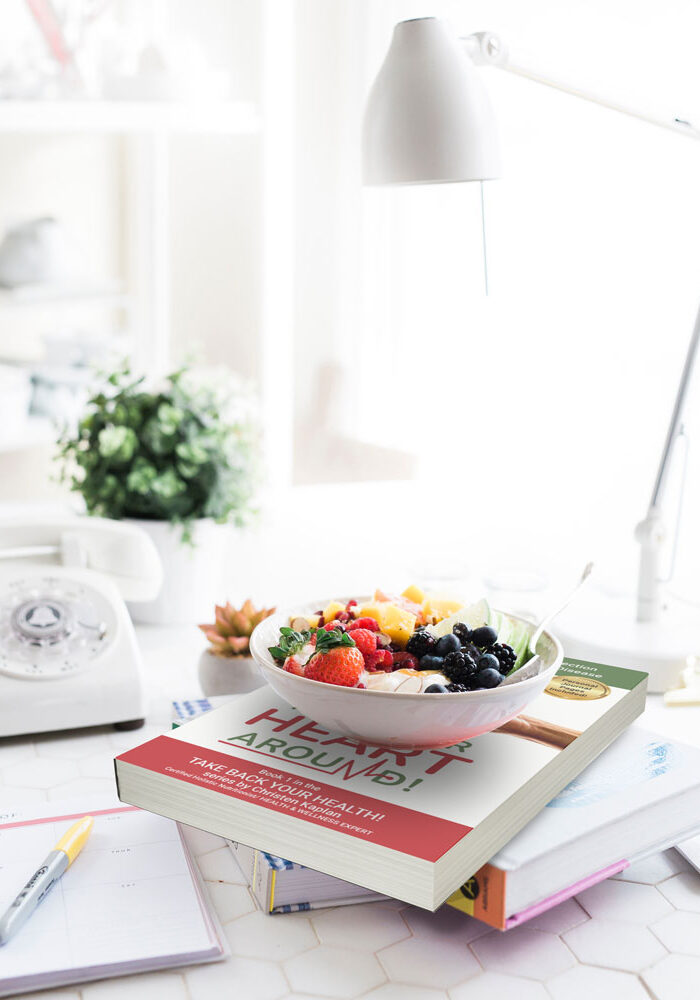Turn your heart around book with healthy food and phone